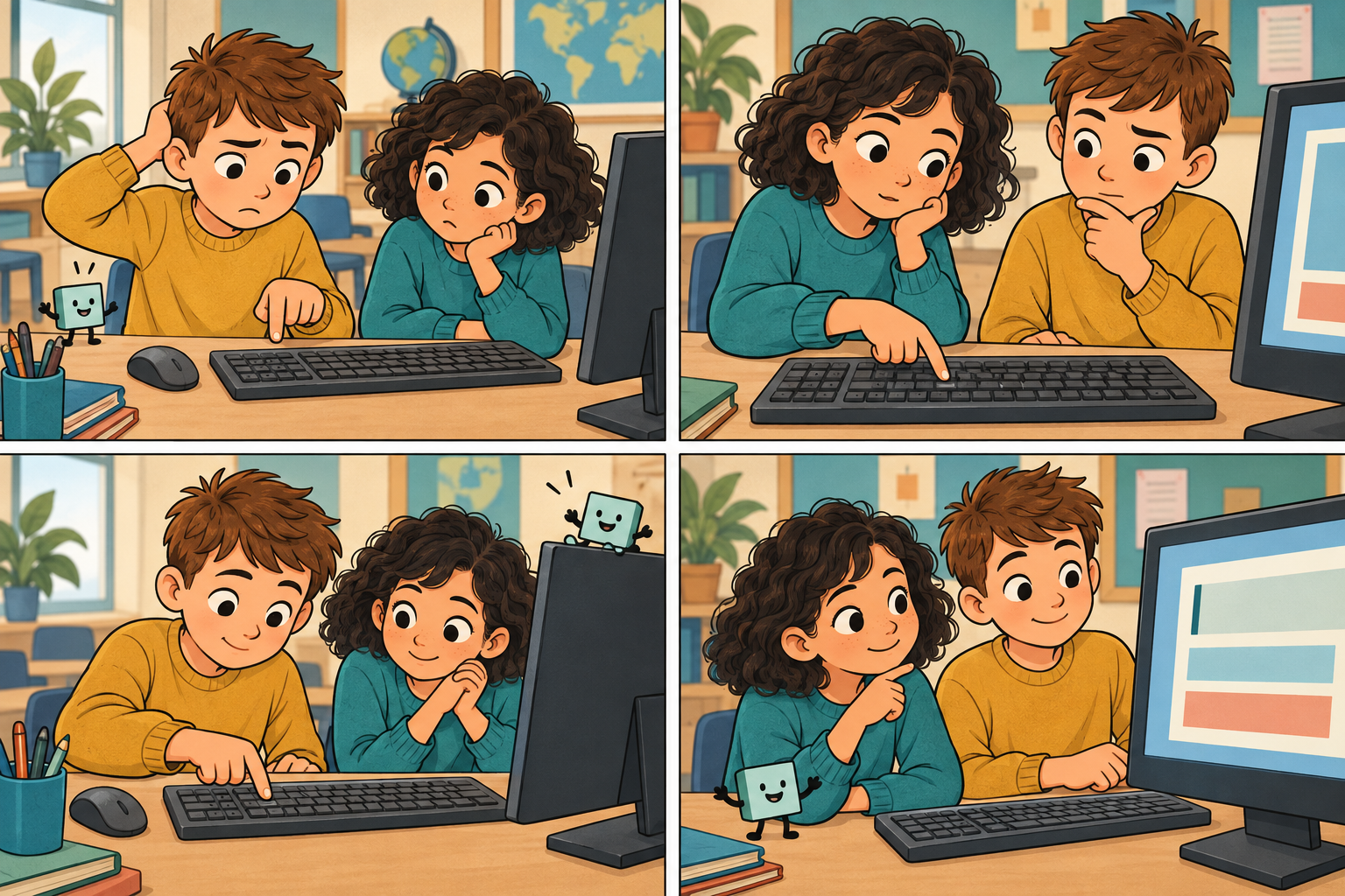 Vier Comicbilder: Zwei Kinder entdecken einen Fehler am Computer, überlegen gemeinsam, probieren eine Taste aus und vergleichen das Ergebnis.